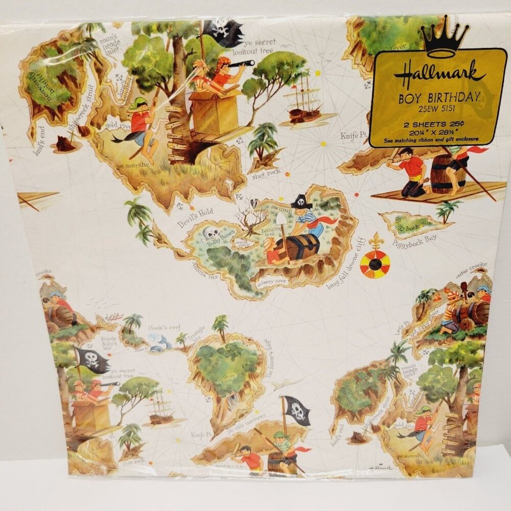 Vtg Hallmark Boy Birthday Kid Pirates Island Treasure Gift Wrapping Paper Crafts